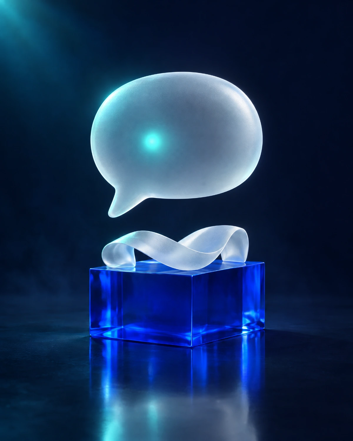 Una burbuja de conversación de vidrio sobre el bloque azul