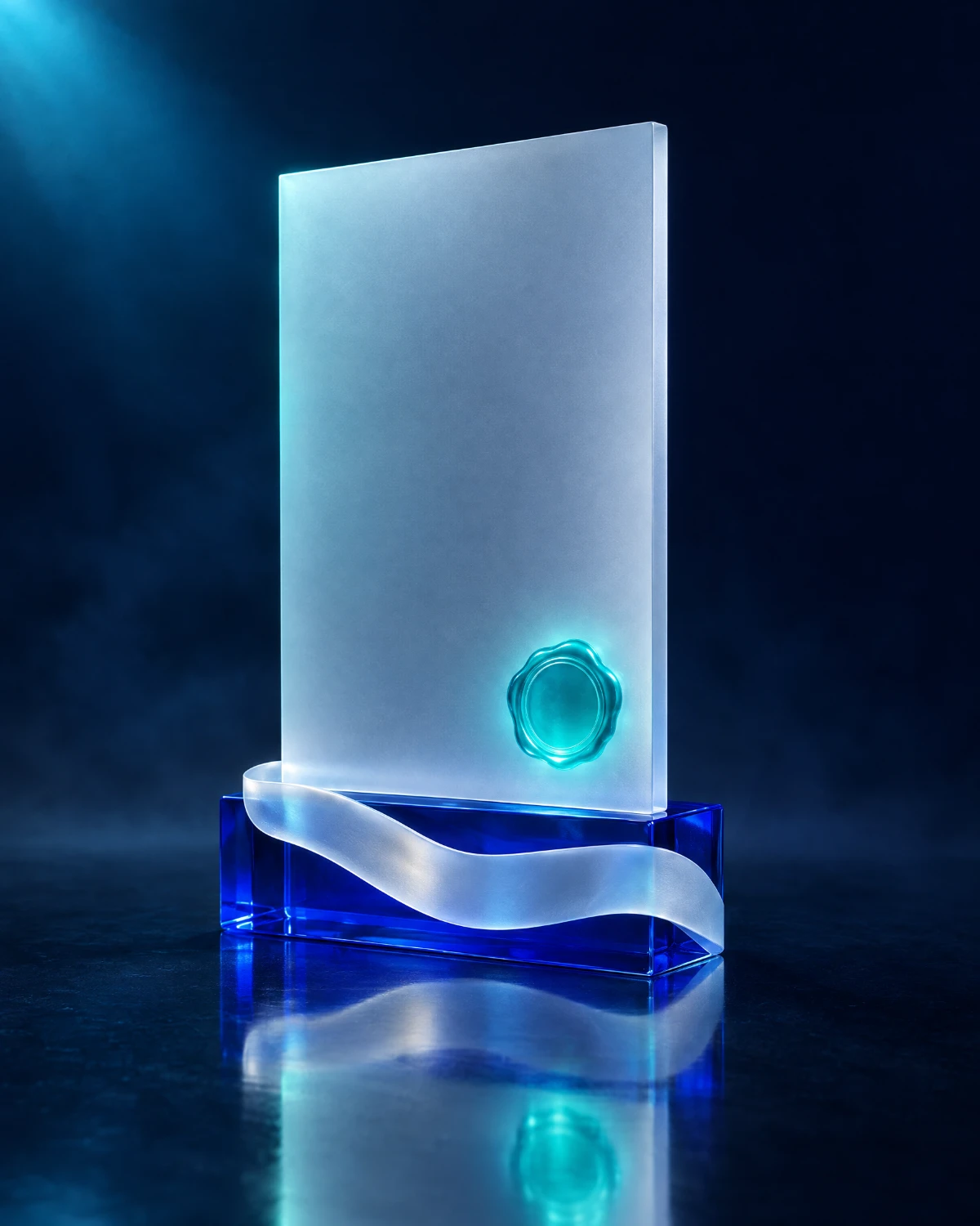 Una hoja de vidrio con un sello turquesa sobre el bloque azul