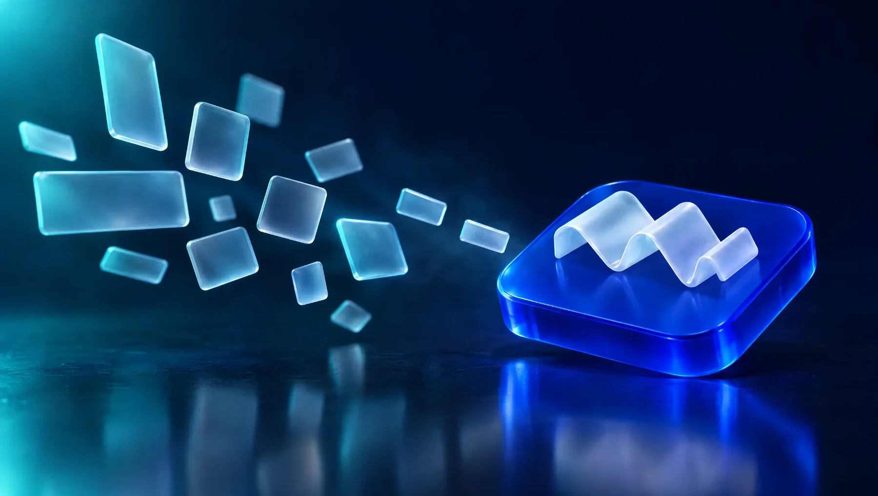 Doce fragmentos de vidrio que convergen en un solo bloque azul con la cinta de Stackdinary