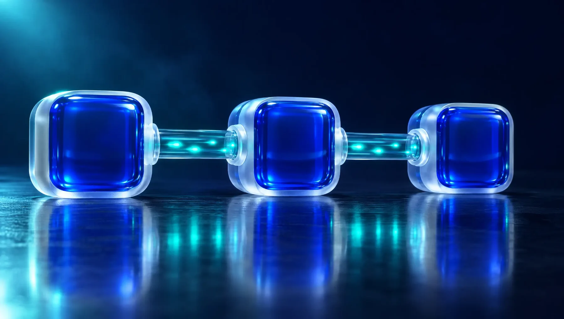 Tres bloques de vidrio azul unidos por tubos con pulsos de luz turquesa